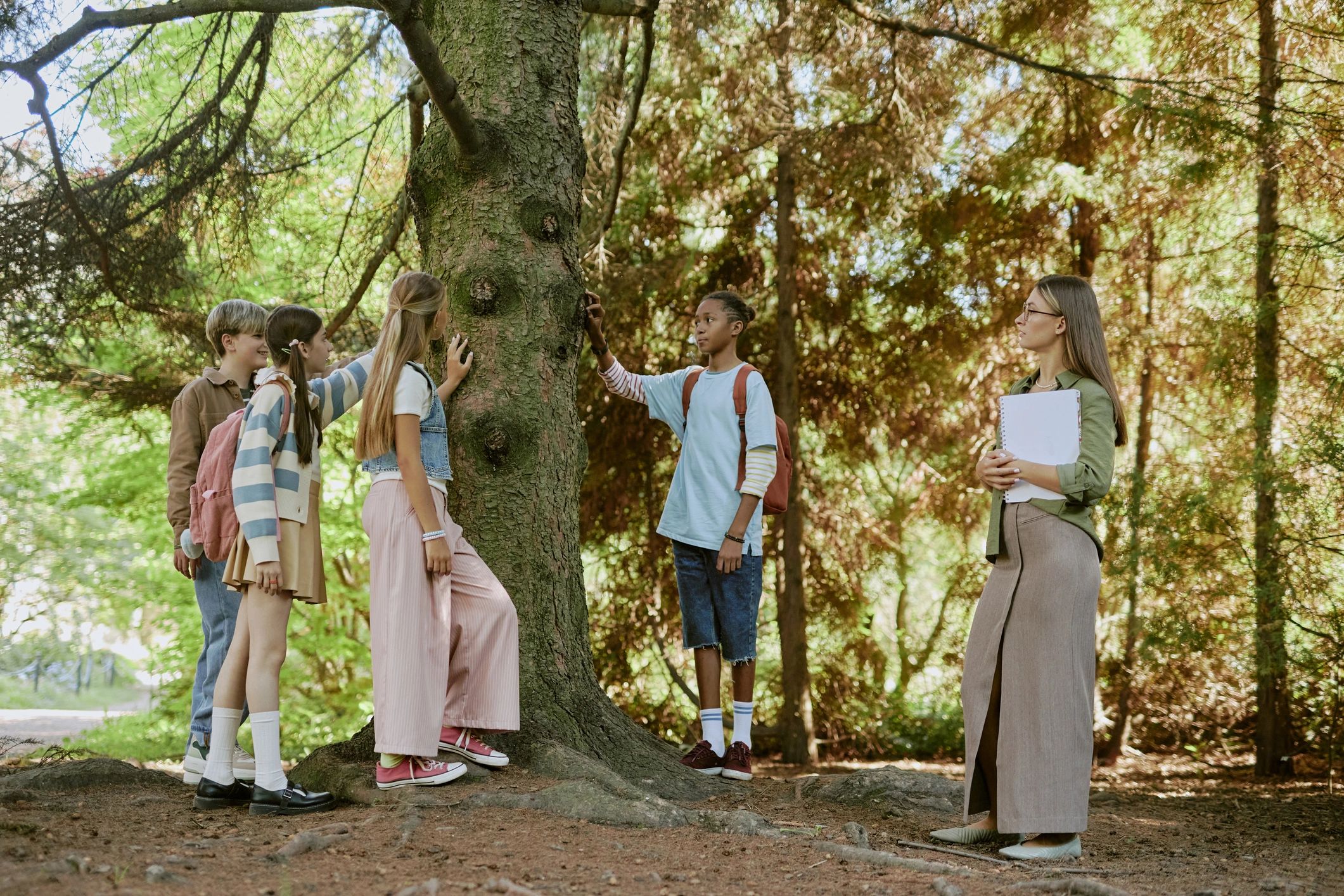 Students observing a tree during an outdoor biology learning session