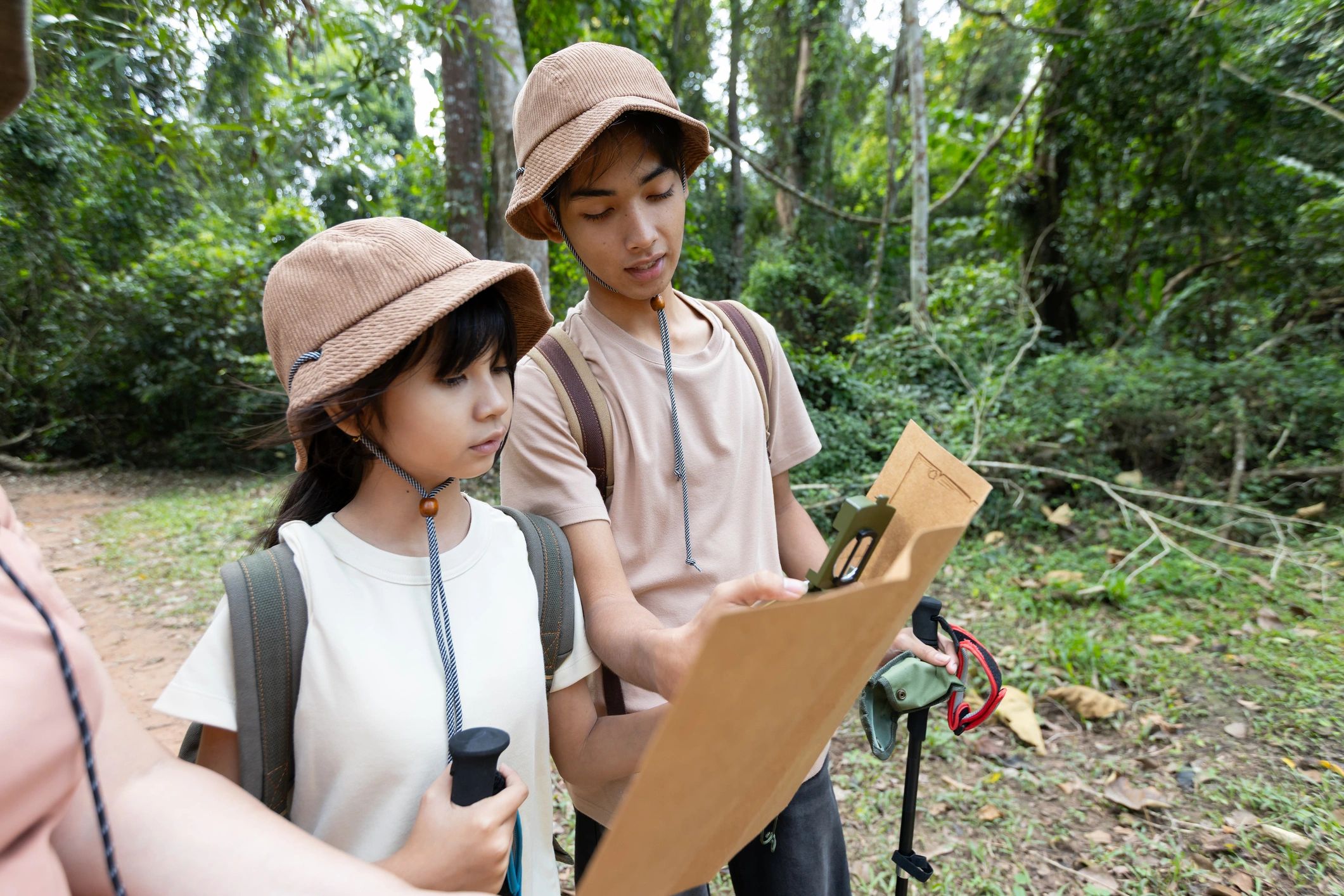 People using a map while exploring a forest trail